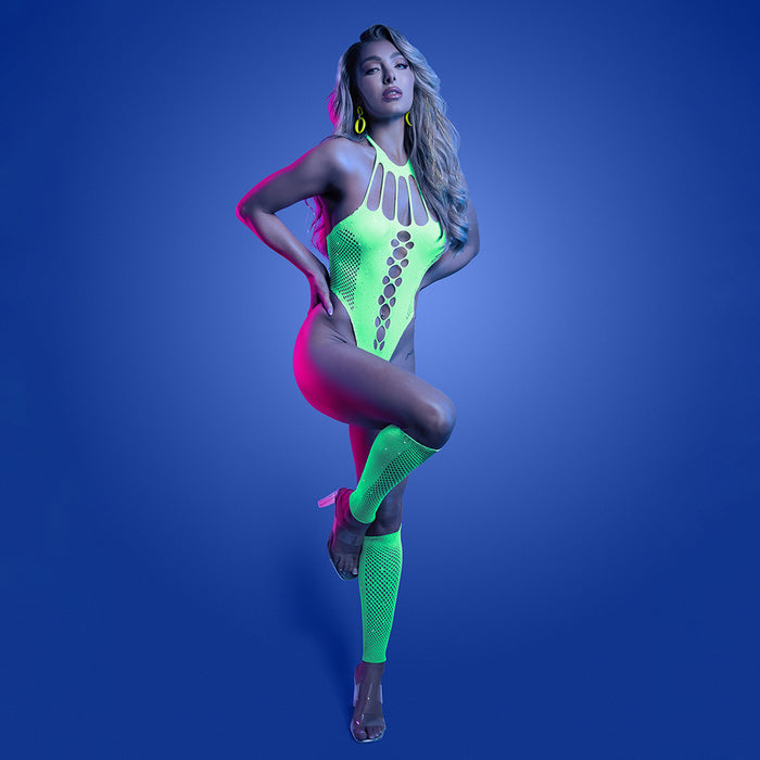Fantasy Lingerie Glow Pressure Point UV Reactive Rhinestone Teddy & Gloves